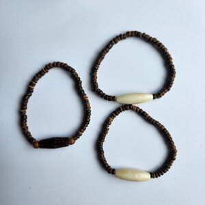Artisan Men's Brown Wooden Stretch Bracelet Trio, Coconut beads, Handmade